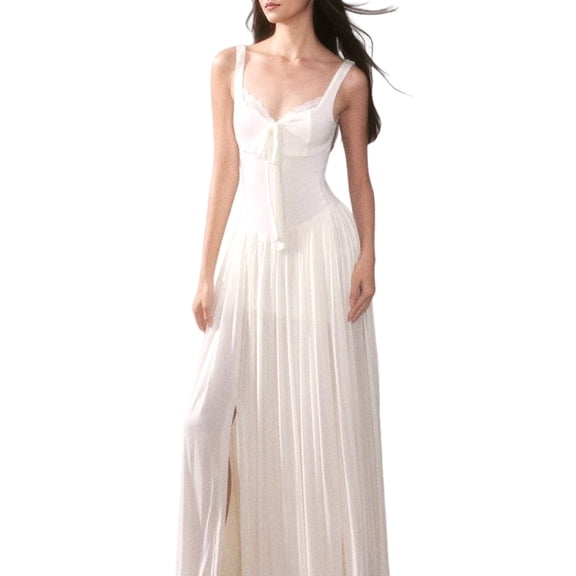 Women'S Summer Corset Midi Dress Casual V Neck Flowy A Line Dress Wedding Guest Dresses White S