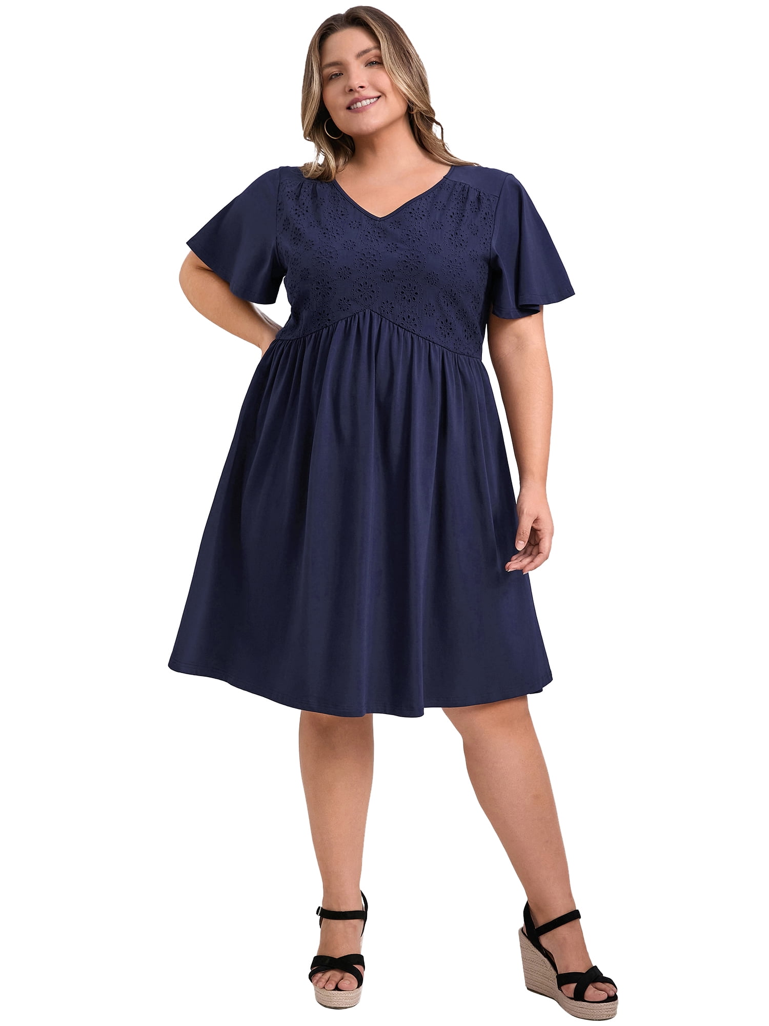 DARING DIVA Plus Size Summer V Neck Ruffle Short Sleeves Dress 3X Navy Blue