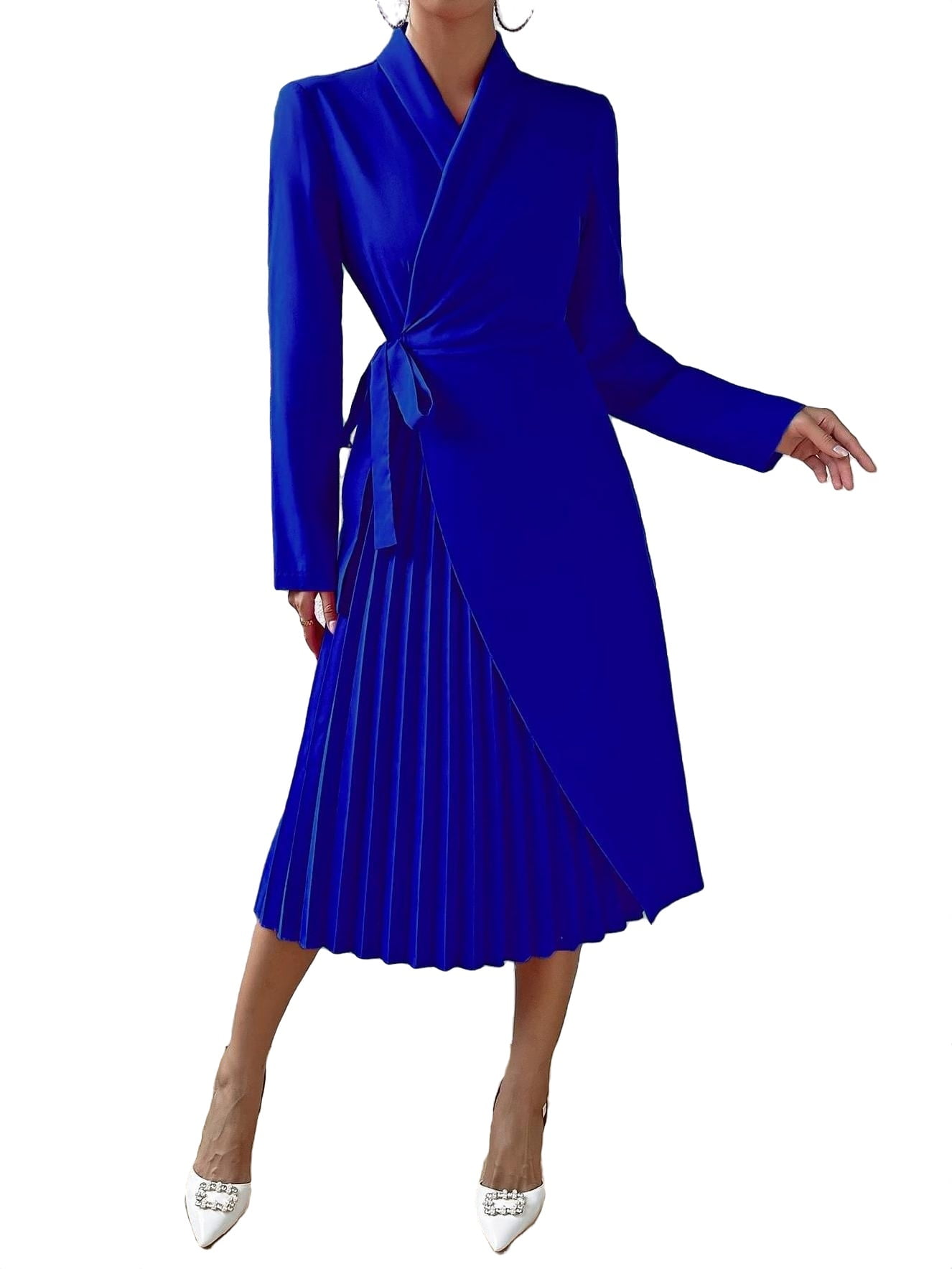 Elegant Solid Shawl Collar A Line Dress Long Sleeve Royal Blue (Women's