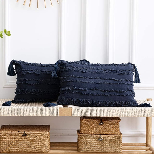 ZECATL Nave Blue Throw Pillow Covers: 2 Pack 12x20 Inch Boho Striped Cotton Linen Rectangular Decorative Pillow Cases with Tassels for Farmhouse Couch Sofa Chair
