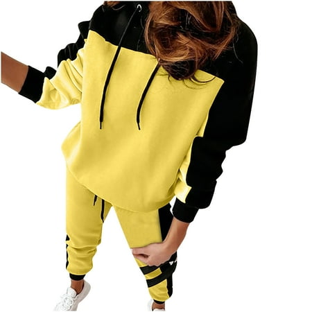 

Puntoco Plus Size Pajamas Clearance Ladies Slim Sports Long Sleeve Two-Piece Color Block Sweatshirt Set Yellow 12(Xxl)