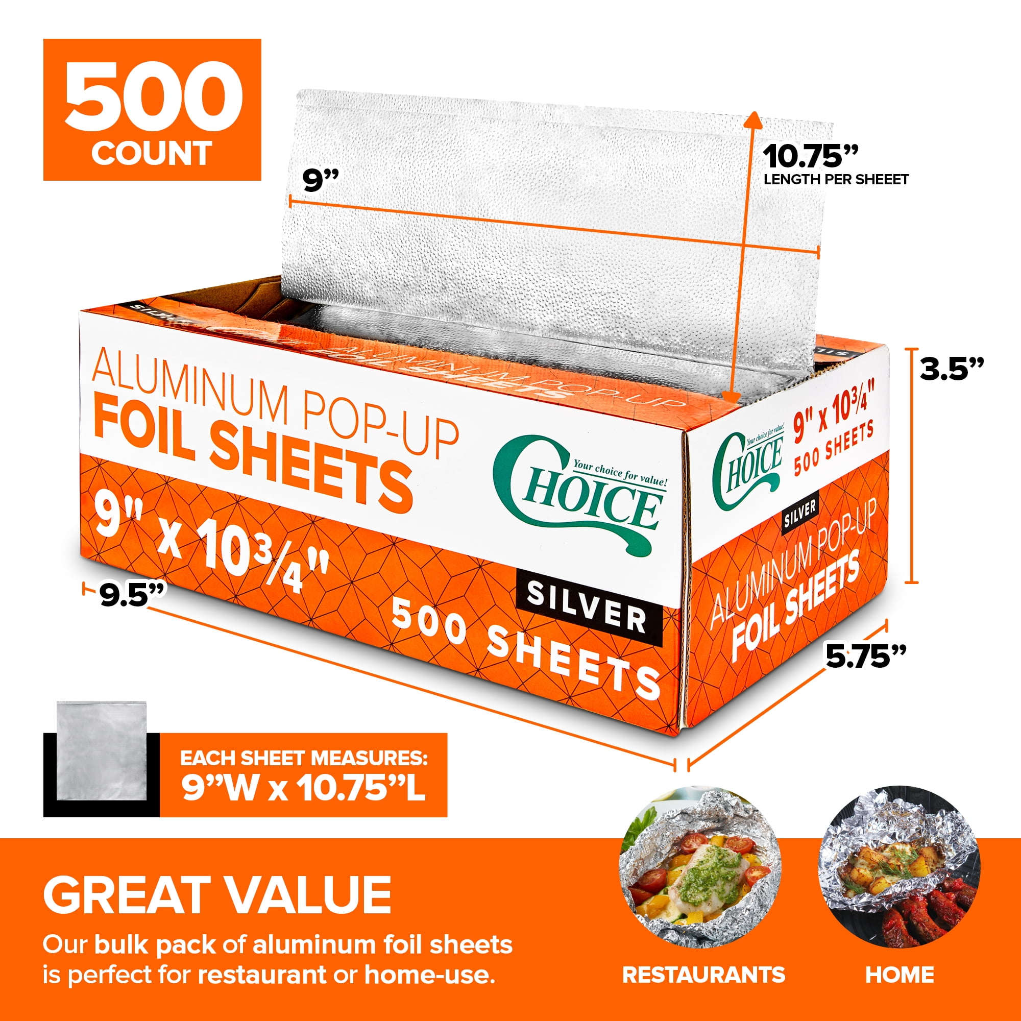 500 Count Pre-Cut Deli Aluminum Foil Sheets, 9” Pop Up Foil Sheets for Restaurant, Disposable Foil Sheets for Food, Tin Foil Sheets for Burrito, Hot Dog or Sandwich, Stock Your Home