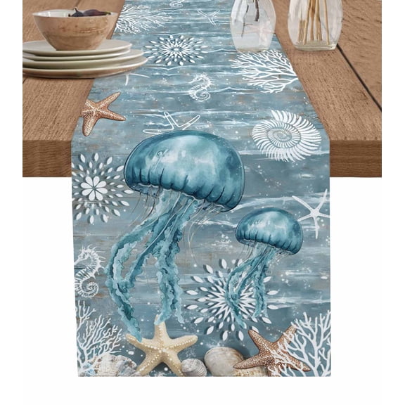 ERUNPONLY Blue Jellyfish Coastal Table Runner - 90 Inch Long Summer Beach Nautical Starfish Coral Cotton Linen Blended Dress Scarves Farmhouse Table Runner for Kitchen Dining, Coffee Table, 13" x 90"