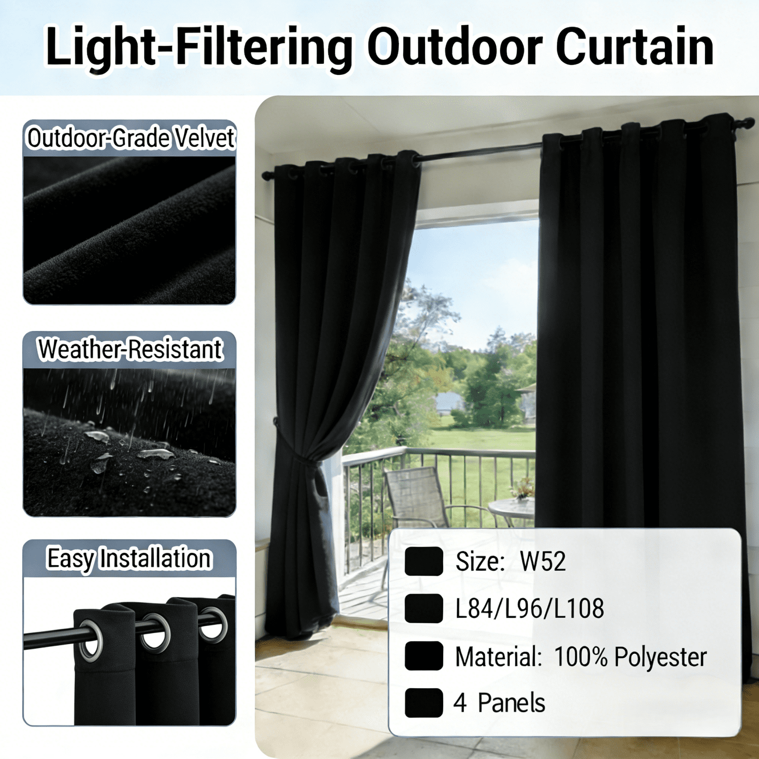 SNITIE Velvet Outdoor Curtains 52x84/96/108 Inch Set of 4 - Grommet Top, UV & Water Resistant, Fade-Resistant, Machine Washable for Gazebo Patio Porch