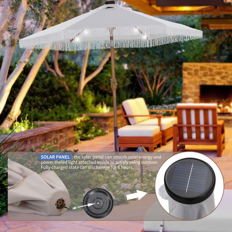 autlaycil patio umbrella Autlaycil 7.5 ft Outdoor Fringe Patio Umbrella with 18 Solar LED Lights, Tassels, White, UV 50+ Protection