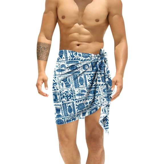 HAPPY BAY Men's Cover Up Standard Summer Long Pareo Casual Beachwear for Men Holidays Beach Wrap Lava Lava Vacation Swimwear One Size Geometric Collage, Blue For Dad