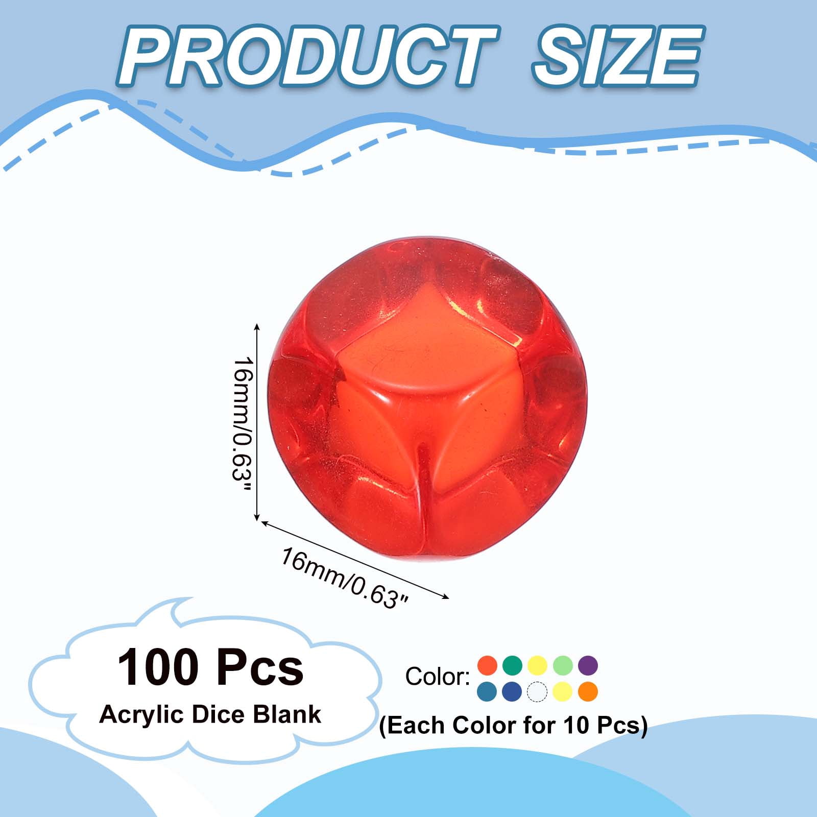 16 mm Clear Acrylic Dice Blank, 100 Pcs Rounded Corner Blank Dice with Smoothed Surface Six Sided for Board, Multicolor