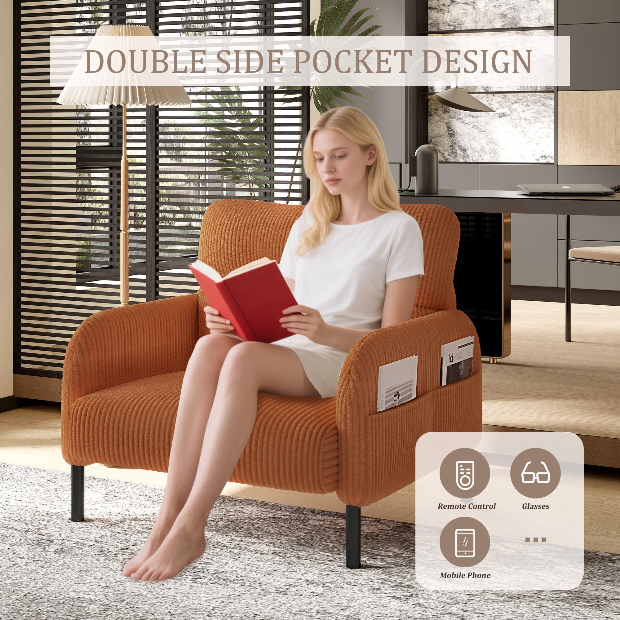 MOONMISS Corduroy Upholstered Comfortable Single Wood Frame Armchair for Living room and Bedroom-Orange