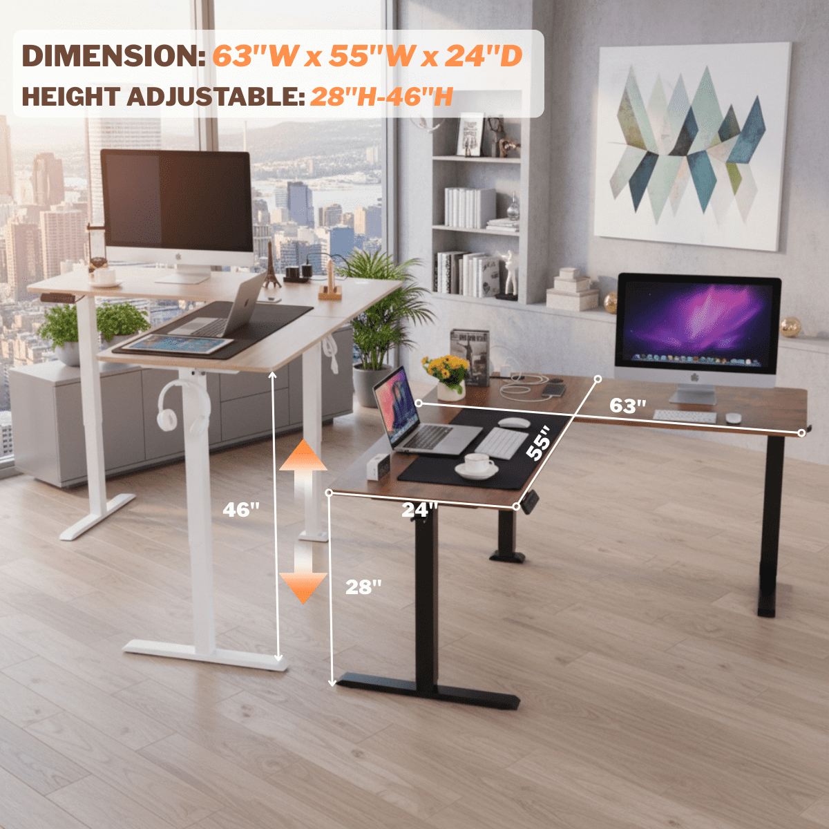 Legooin 63x55 inch L-Shaped Standing Desk with Power Strip, Height Adjustable Computer Desk for Multi-Device Setup, with Headphone Hook and Cable Management, for Home Office Dorm, Black