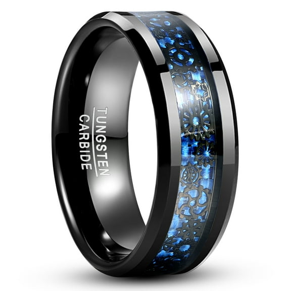 Black Tungsten Carbide Celtic Dragon Blue Carbon Fiber Inlay Polished Finish Comfort Fit Ring for Men