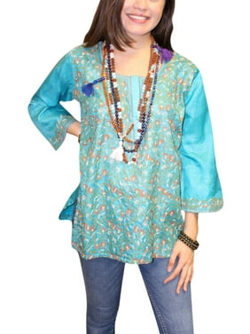 Mogul Women's Floral Embroidered Blue Tunic Blouse M