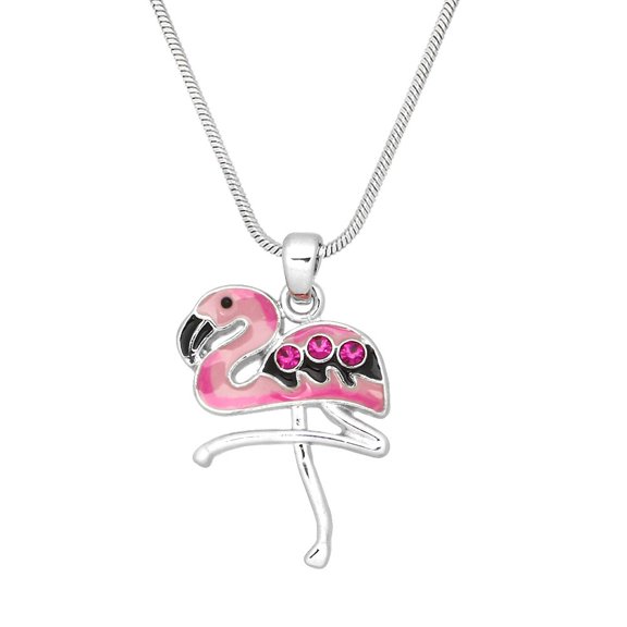 Flamingo Pendant Necklace or Earring Rhinestone Crystal Rhodium Plated 17 Inch Snake Chain J0511