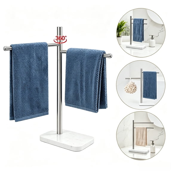 2-arm Swivel Stainless Steel Towel Stand, F-Shaped Free Standing Hand Towel Holder with Marble Base, Brushed Nickel for Kitchen Bathroom Counter