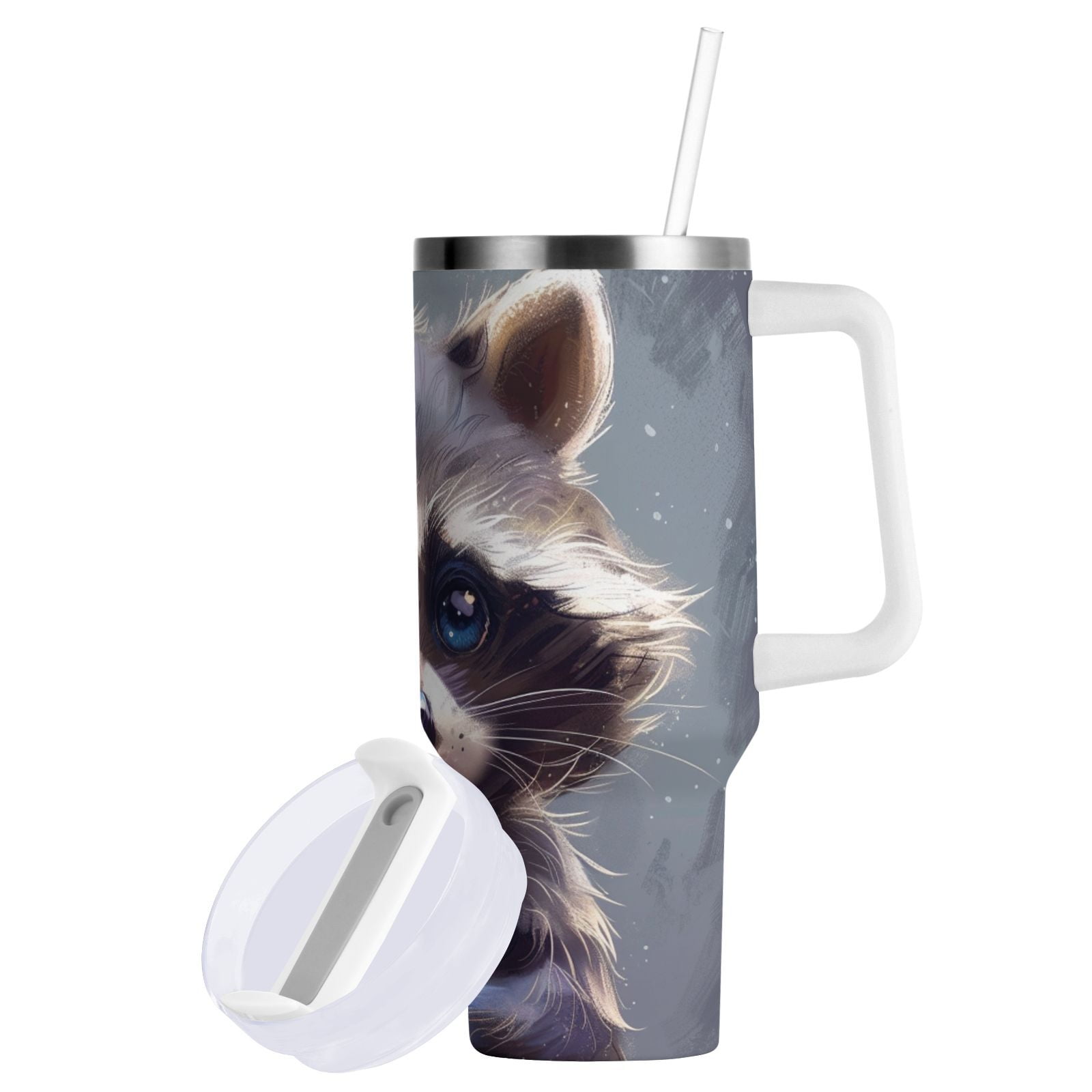 JSTEL Cute Raccoon Baby Animal 40 oz Tumbler Stainless Steel Water Bottle Vacuum Insulated Cup with Straw Lid & Handle For Travel Car Cup Holder