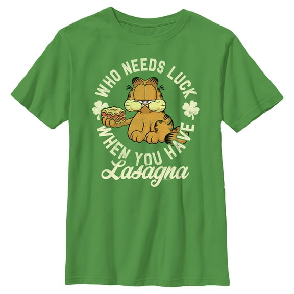 Boy's Garfield St. Patrick's Day Who needs Luck when You have Lasagna  Graphic T-Shirt