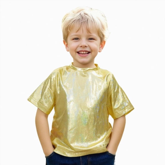 mgoYE Kids Boys Girls Metallic Shiny T-Shirt Dance Tops Short Sleeves Loose T-Shirt for Performance(Yellow,17-18 Years)