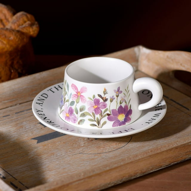 85oz Chinese Floral Ceramic Coffee Cup Set Style White Orange Porcelain Tea Cup Elegant Design