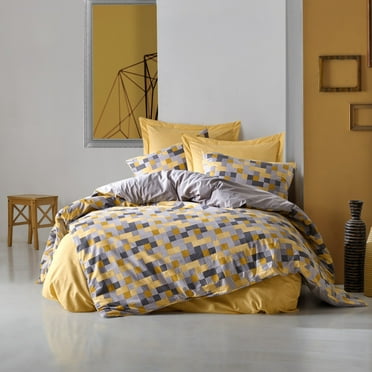 SUSSEXHOME Yellow Geometry %100 Cotton Duvet Cover Set, Full Size Duvet Cover, 1 Duvet Cover, 1 Fitted Sheet and 2 Pillowcases, Iron Safe, Hypoallergenic, Breathable Bedding Set