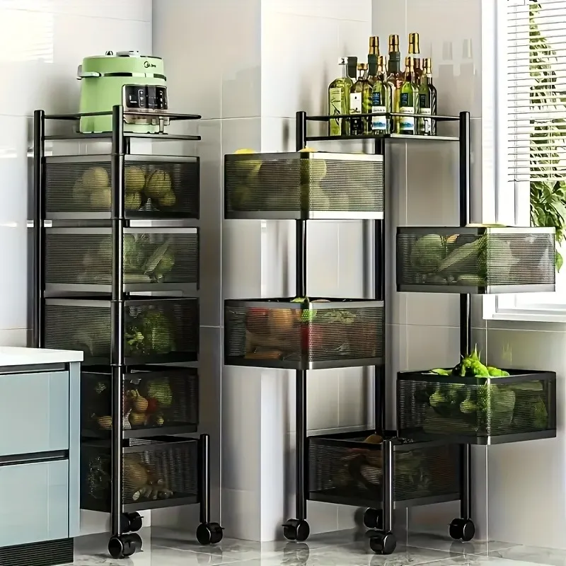 5-Tier Rotating Metal Storage Shelf on Wheels – Multi-Layer Fruit & Vegetable Basket Trolley, Square Floor-Standing Utility Cart for Kitchen, Bathroom, Garage