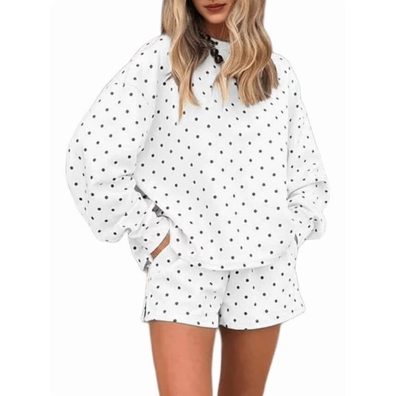 Women's Polka Dot Print Long Sleeve Top Elastic Waist Shorts Matching 2 Piece Loungewear Set White S