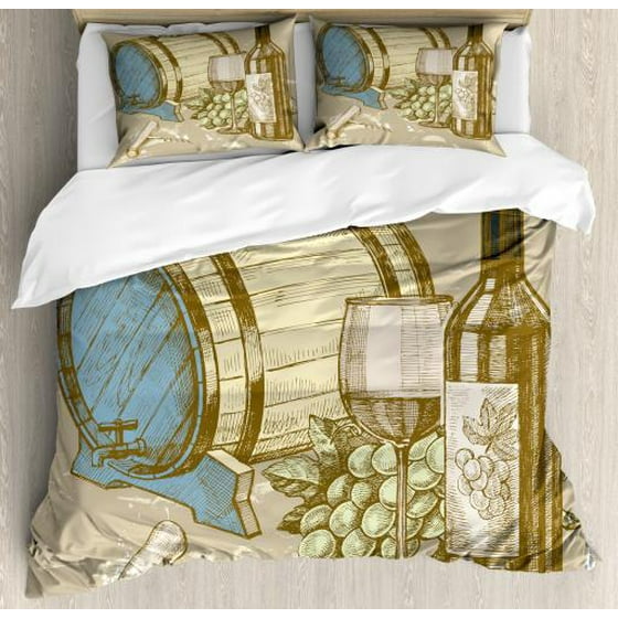Wine King Size Duvet Cover Set Vintage Hand Drawn Style Iiration Of Barrel Bottle And Glass With Gs Decorative 3 Piece Bedding