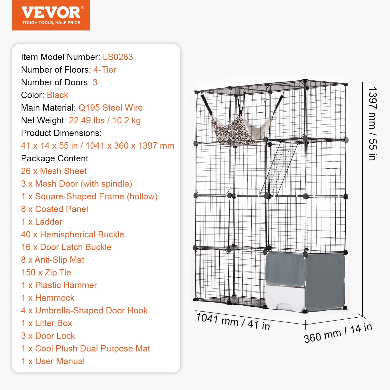 VEVOR Large 4-tier Cat Cage, 41 x 14 x 55", Detachable Metal Wire Cat Enclosure, with Litter Box Hammock Ramp ladders, Indoor & Outdoor Crate Exercise Place Ideal for Kitty, Small Animals, Black