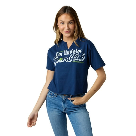 Los Angeles California Women's Navy V-Neck Short Sleeve Cropped Tee - Medium