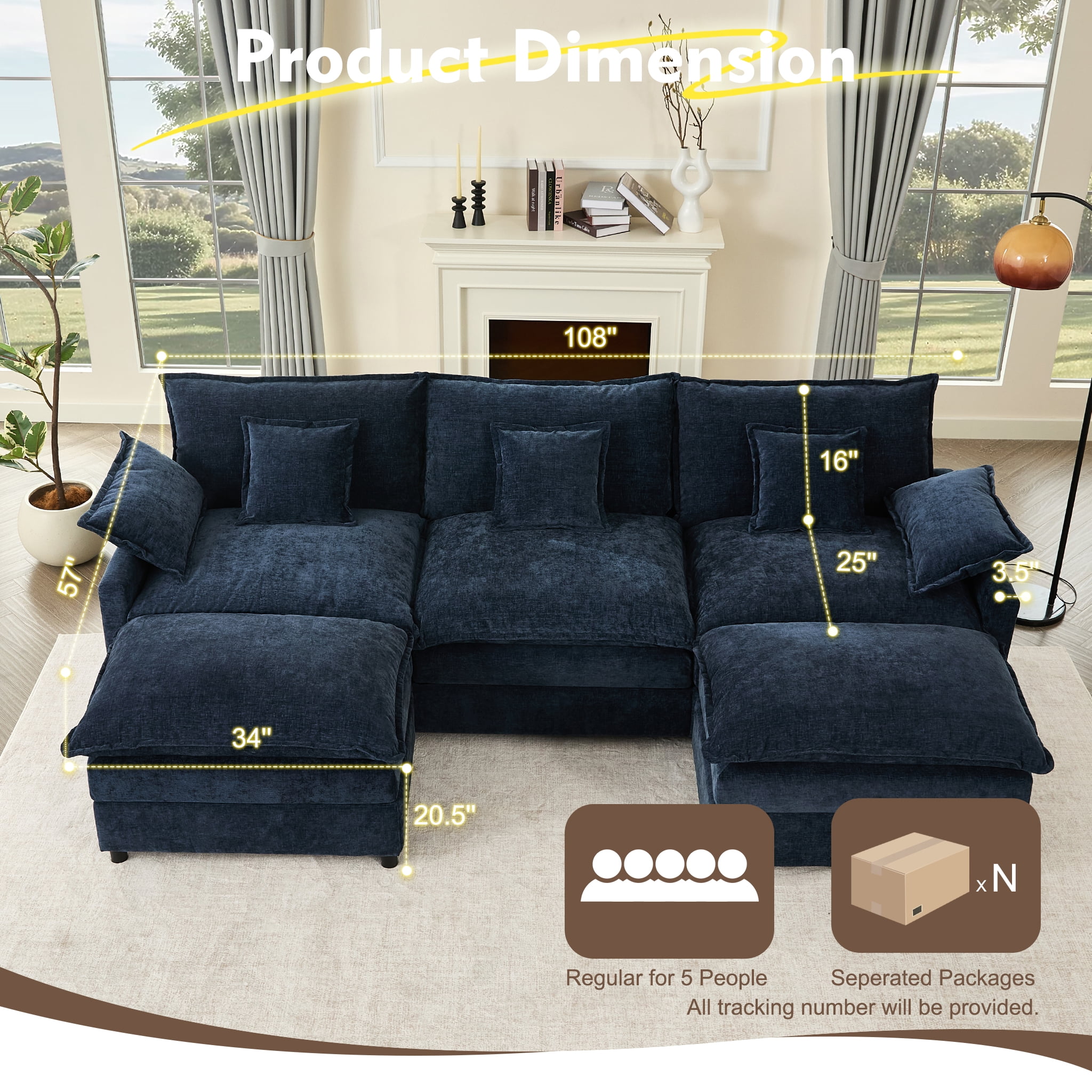 Bigsyy 3 - Seat Sectional Sofa Couch, Comfy Cloud Style, Deep Seat, Sleeper Function with Throw Pillows. Ideal for Adult - Occupied Living Rooms, Modern Design, Cozy Chenille, Navy