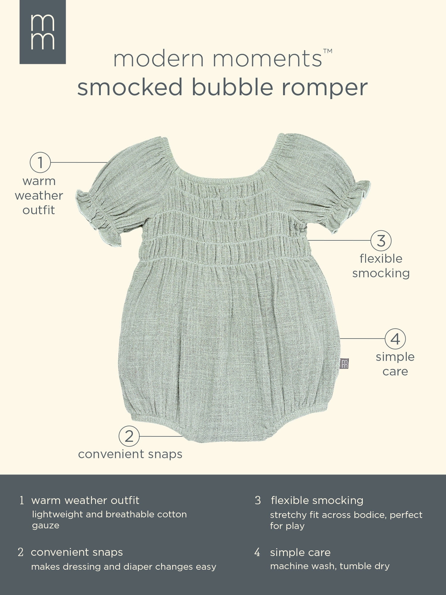 Modern Moments by Gerber Baby Girl Smocked Bubble Romper, Sizes 0/3 Months - 24 Months