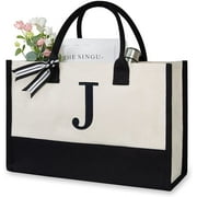 Personalized Initial Canvas Beach Bag, Monogrammed Gift Tote Bag for Women