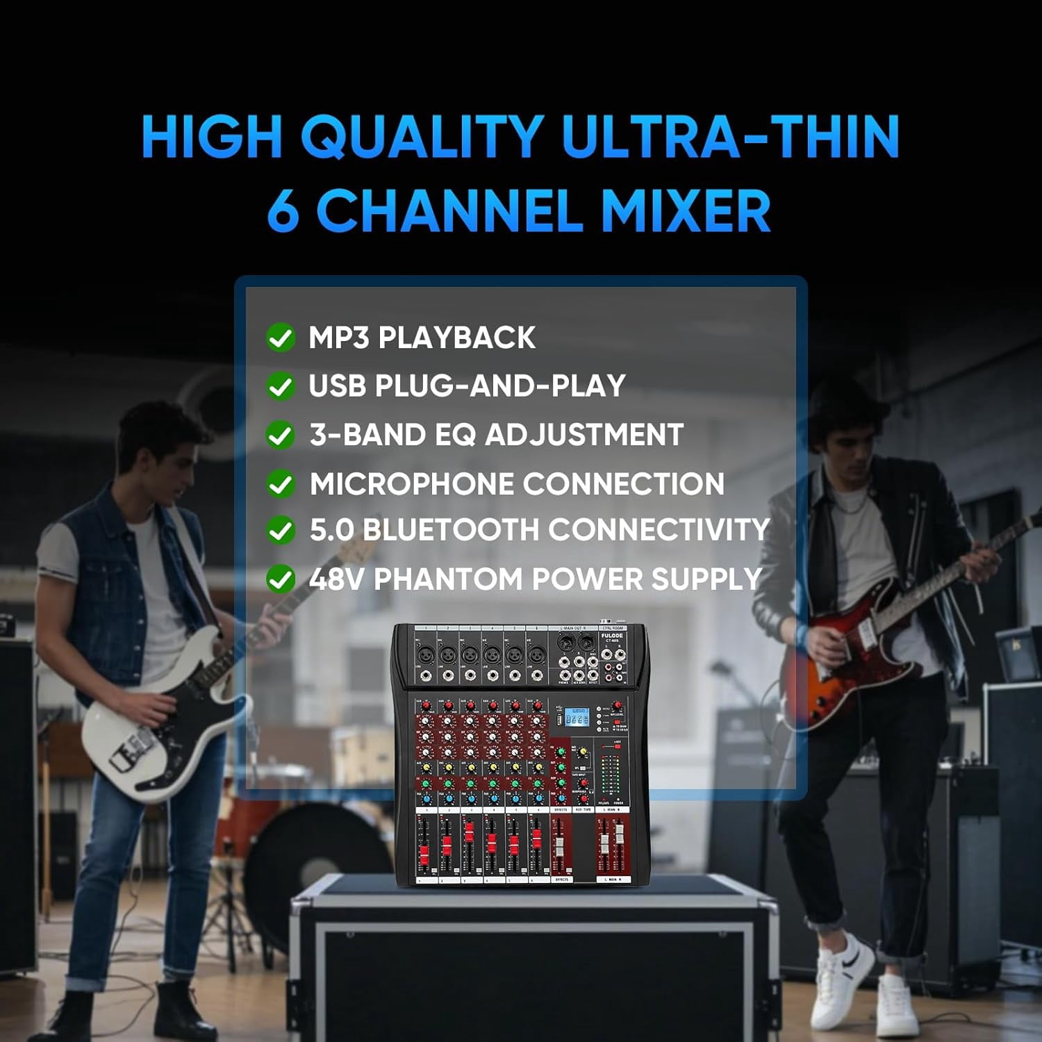 6 Channel Mixer Audio Console, CT-60S Professional Music Mixer DJ Mixing Board with Reverb Bluetooth MP3 Player 48V Phantom Power Supply USB Recording for Studio Karaoke Live Performance