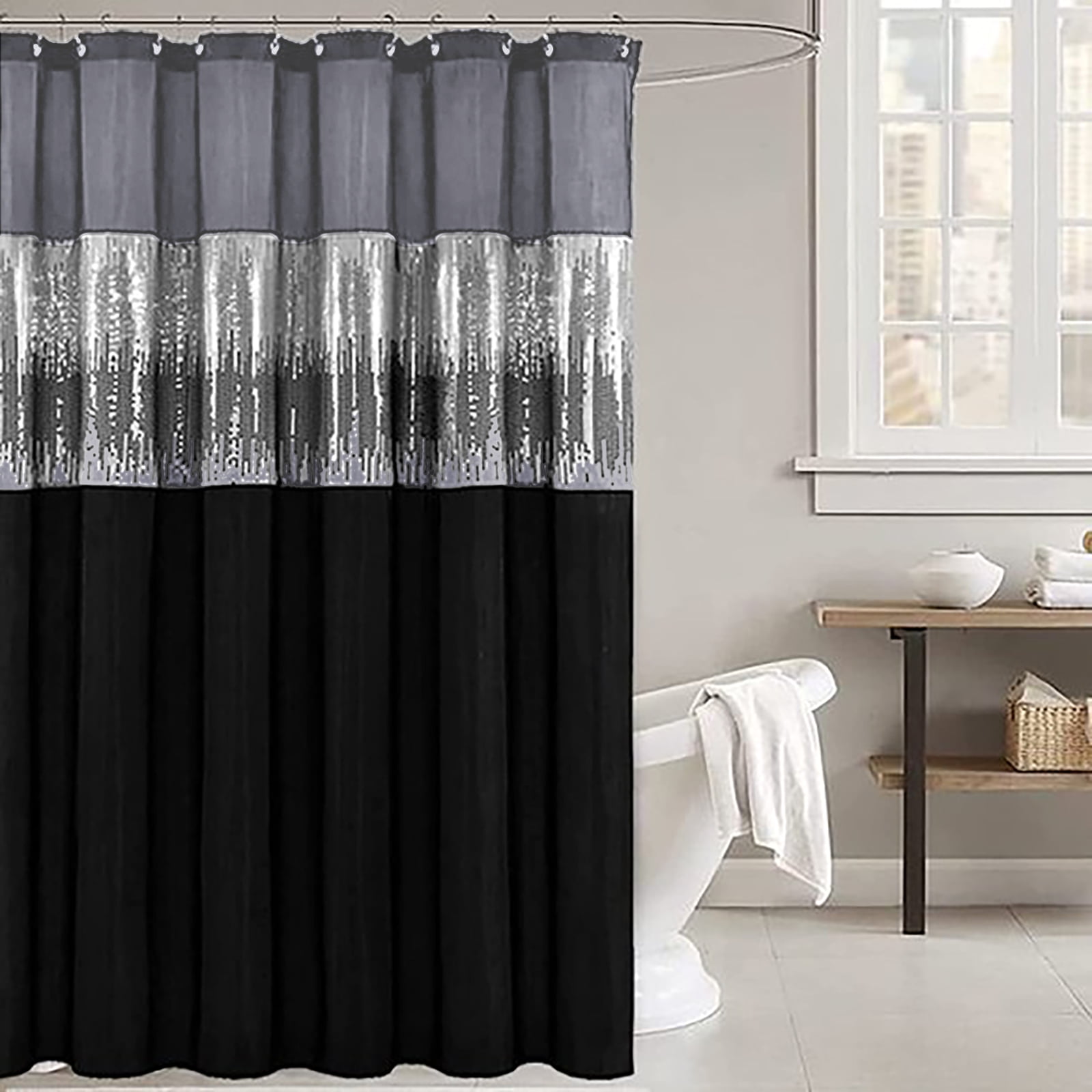 Black Grey Shower Curtain Modern Glitter Fabric Shower Curtains with 12