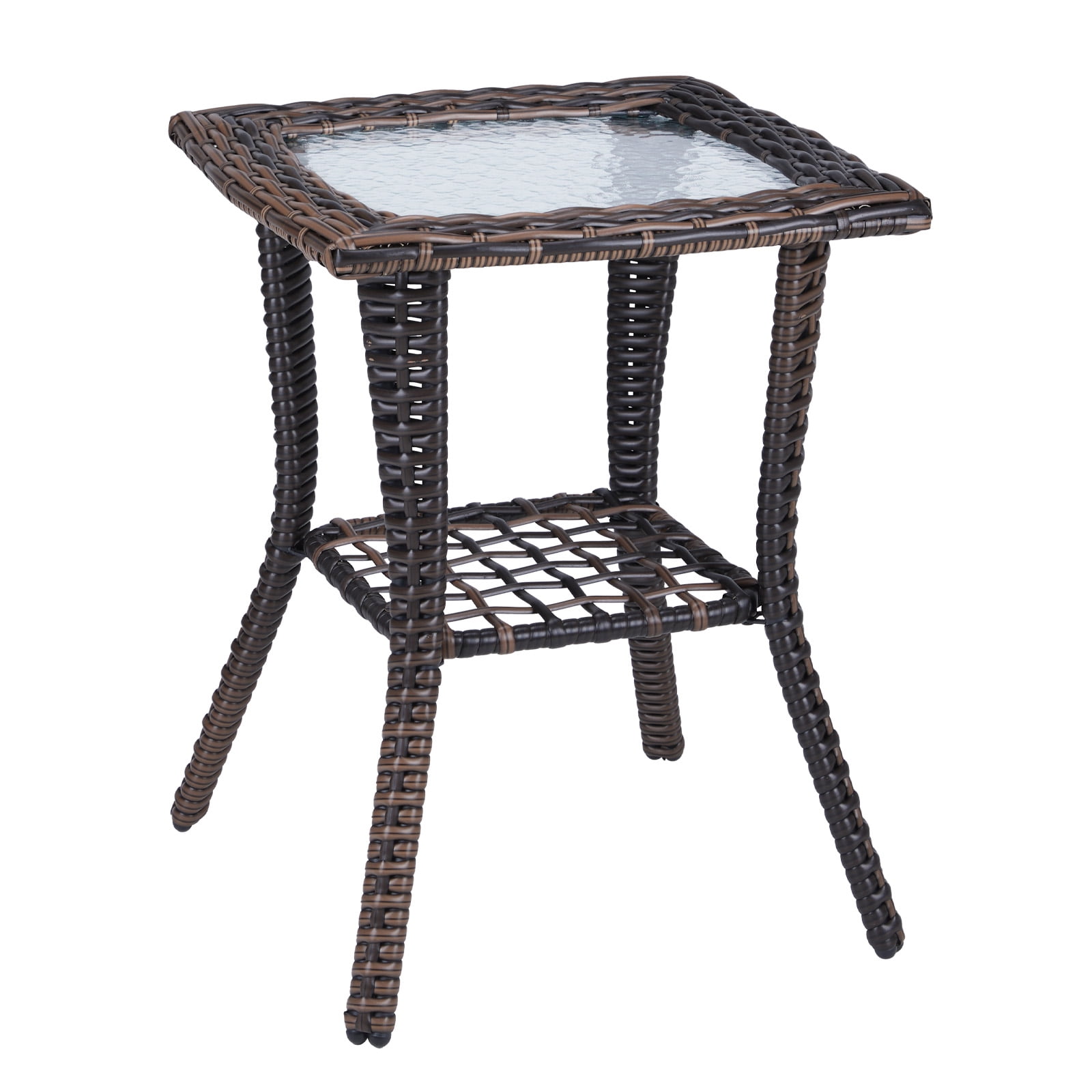 Wicker Side Table with Glass Table Top, Square PE Rattan Outdoor End Table for Patio, Garden, Poolside, Deck w/UV-Resistant Frame, Storage Space, Brown