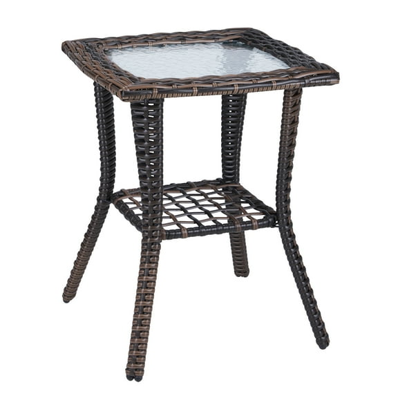 HiiKaa 18in Patio Tables Wicker Side Table,Rattan End Table with Glass Top for Outdoor Outside Patio Porch Deck Square Brown