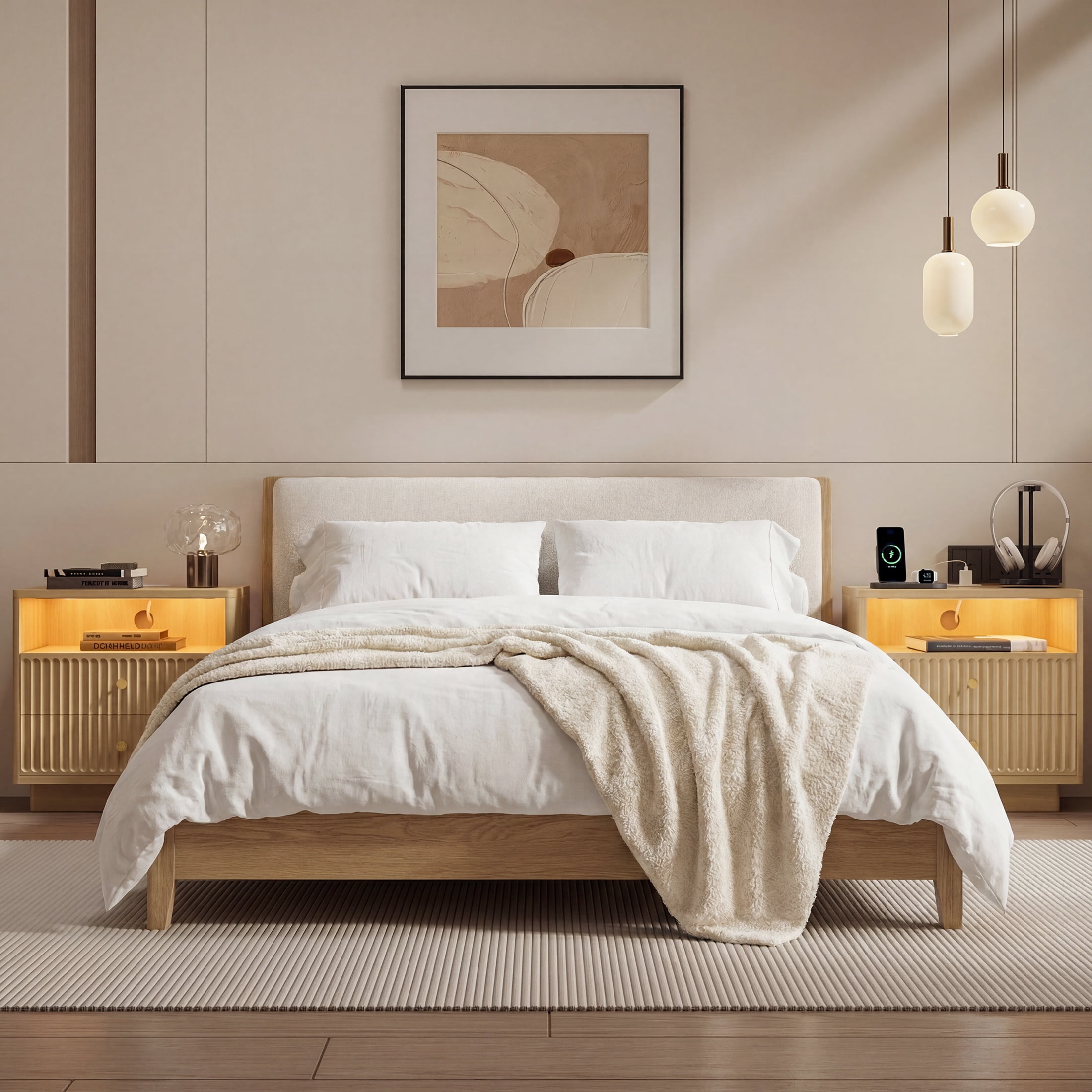 PAPROOS Nightstand with Charging Station, Large 2 Drawers Nightstand with Motion Sensor Light and Curved Corner Design, Fluted Extra Wide Bedside Table for Bedroom, Natural Oak