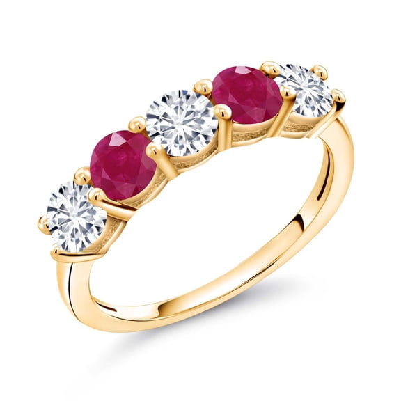 18K Yellow Gold Plated Silver White Lab Grown Diamond and Red Ruby Wedding Band Ring for Women | 1.01 Cttw | Round 3.5MM | Wedding Engagement Anniversary Promise Ring for Women | Size 9
