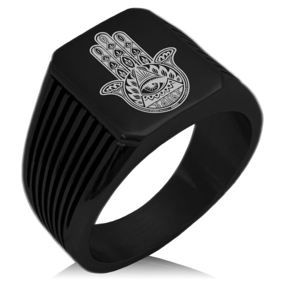 Stainless Steel All Seeing Eye Hamsa Hand of Fatima Needle Stripe Pattern Biker Style Polished Ring