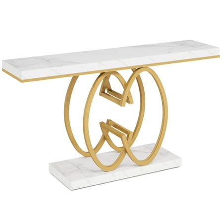 55" Faux Marble Console Table, Gold Geometric Entryway Table, Modern Narrow Sofa Accent Table for Living Room, Hallway, Foyer, White & Gold Finish