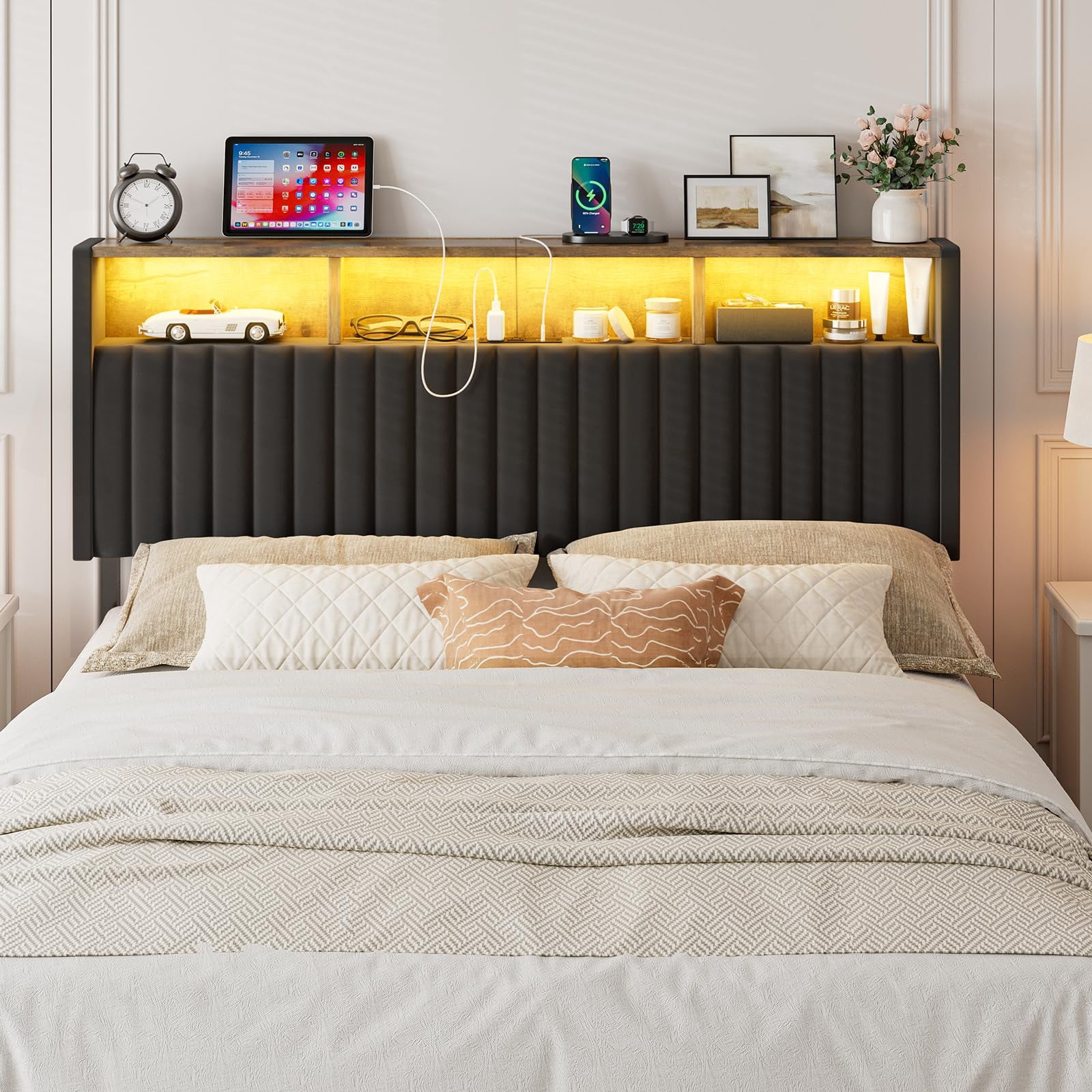 ARICOEASY Velvet Queen Size Headboard with Storage Shelf, LED Lighting & Built-in Charging Station, Adjustable Height Freestanding Design, Easy Assembly, Black