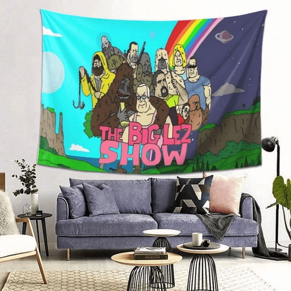 The Big Lez Show tapestry, 40 x 60 inches, features a colorful character pattern and is a durable bedroom and living room decor for indoor/outdoor use.