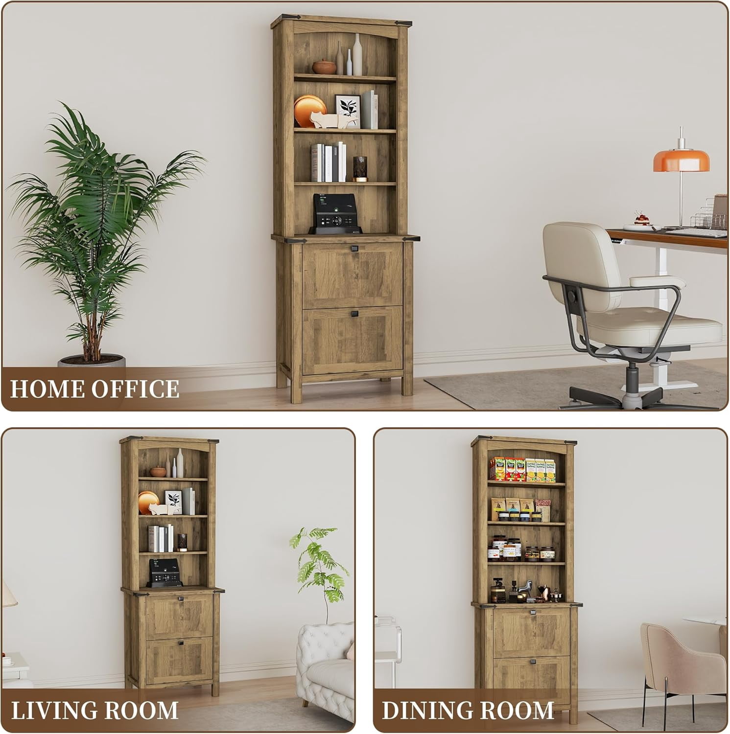 FIAKOA Bookshelf Set of 2, 71" Tall Rustic Wood Bookcases with Adjustable Shelves and File Drawers, Farmhouse Bookshelves for Home Office or Living Room(Natural Wood)
