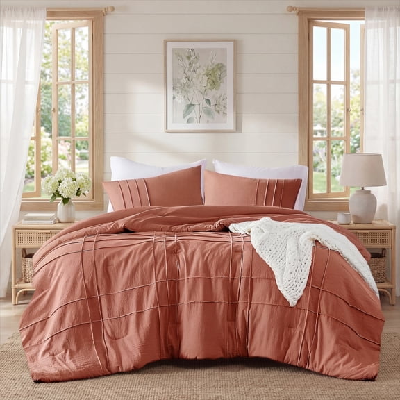 Regency Heights King Comforter Set, Boho 3-Piece Pintuck Stitching Bedding Set, Soft Washed Pleated Bed Sets with Pillow Shams, Burnt Orange