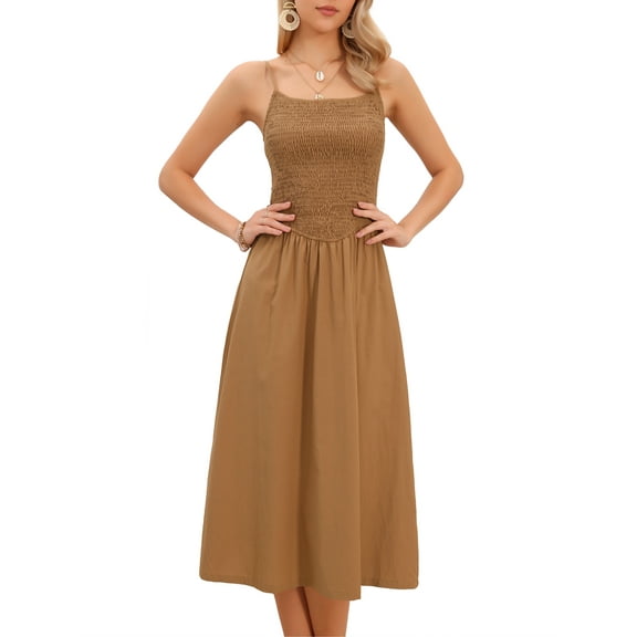 INSPIRE CHIC Spaghetti Strap Dress for Women Smocked A Line Swing Flowy Summer Beach Midi Dresses S Brown