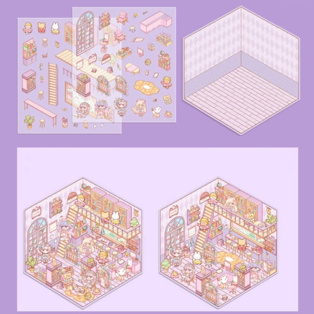 WHEANG Stickers DIY 3D House Stickers Cute Scene Stickers Fun DIY Stickers Scene Make Your Own Sunshine House| Library|cat Cafe| Stress Pass The Time For Adult Kids