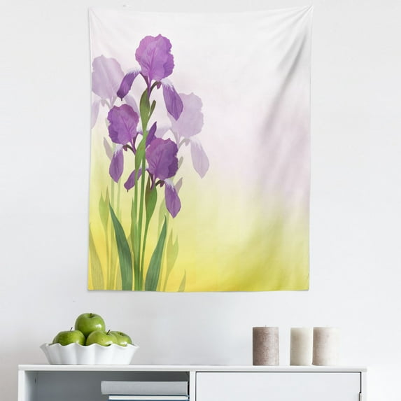 Garden Tapestry, Flowers of Iris with Green Leaves Gardening Plants Spring Morning, Fabric Wall Hanging Decor for Bedroom Living Room Dorm, 5 Sizes, Violet Green and Yellow, by Ambesonne