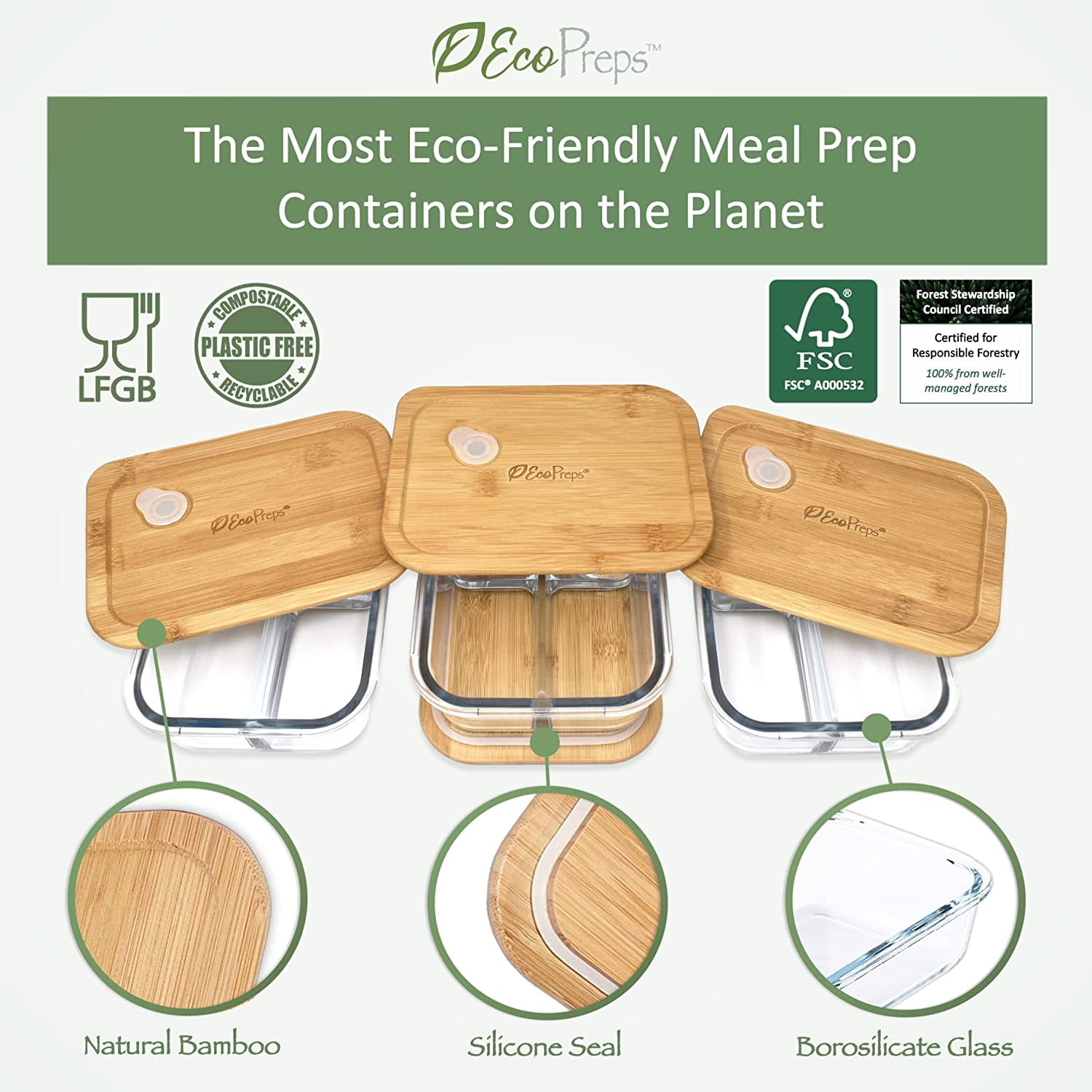 Glass Bento Box Containers with Bamboo Lids, 3 Compartment Set