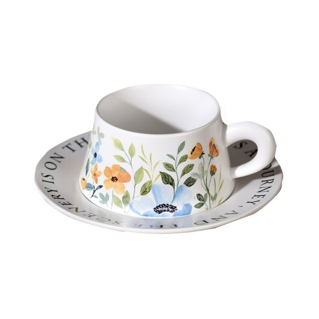 Ensemble de Tasses à Café en Céramique Florale Chinoise 8.5oz avec Tasse à Café Florale Style Rétro Fleurs Blanches Oranges. Tasses en Céramique Simples