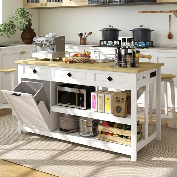 60" Kitchen Island with Trash Can Storage, White Large Kitchen Island with Storage and Seating, Island Table with Power Outlet, 2 Open Shelves, 3 Drawers, for Kitchen