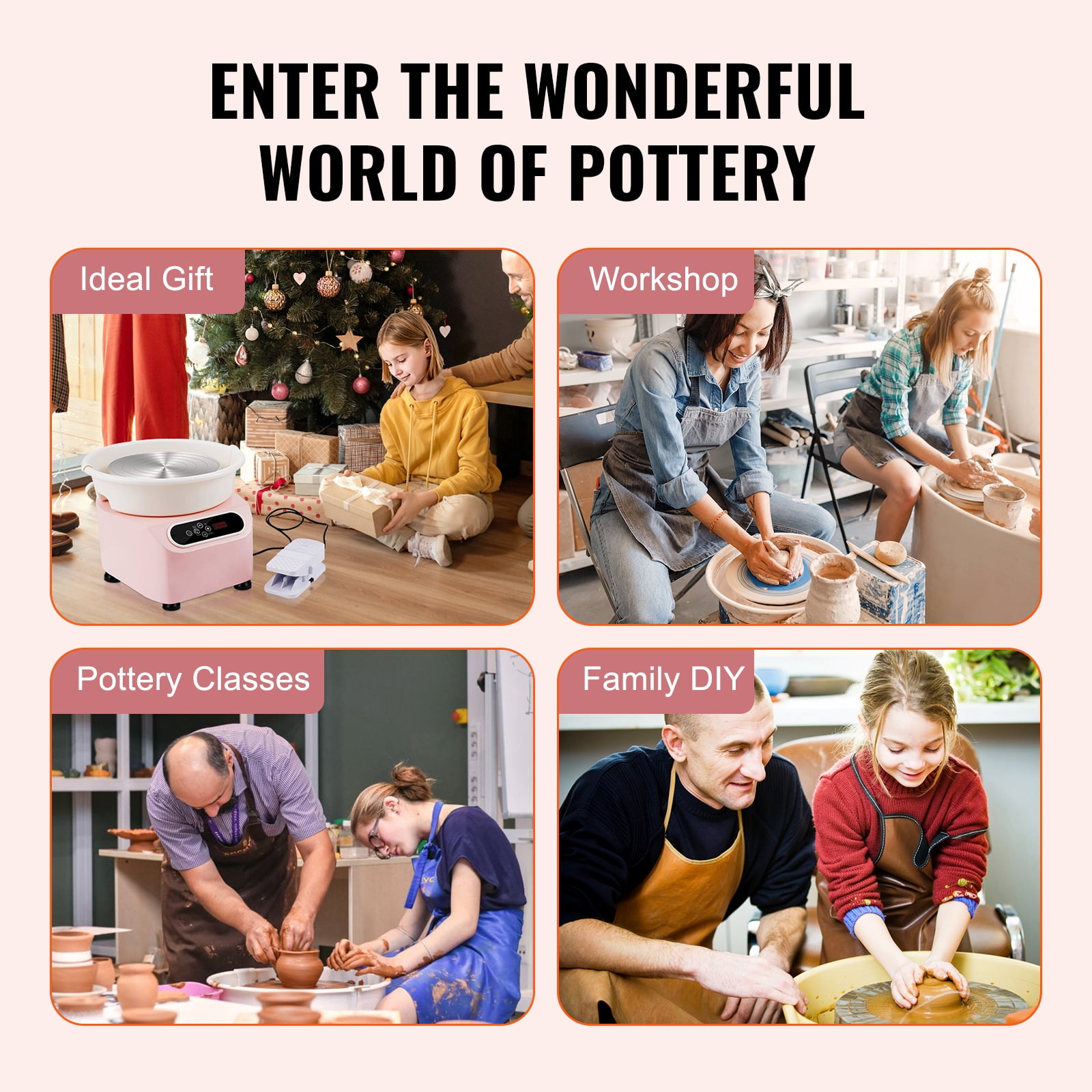 KFFKFF Pottery Wheel, 11" Crafting Wheel, 350W Electric Motor, Includes Foot Pedal & LCD Touch Screen, Direct Drive Design, Comes with Sculpting Tools, Ideal for DIY Art Projects, Pink