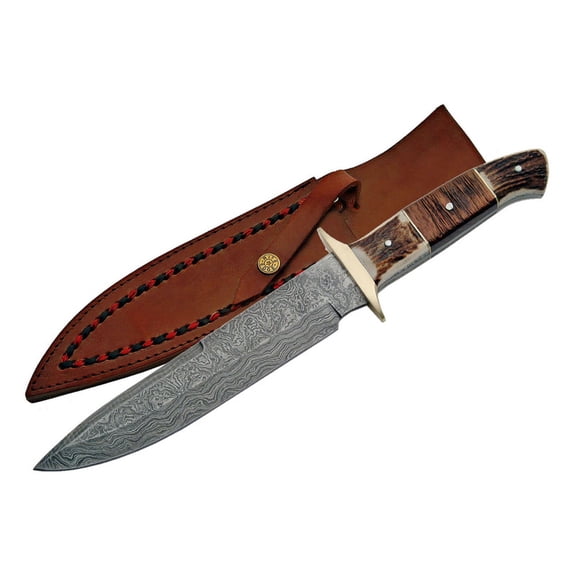 SANZ 13-Inch Plainsman Damascus Steel Bowie-Style Knife with Stag and Wood Handle and Sheath